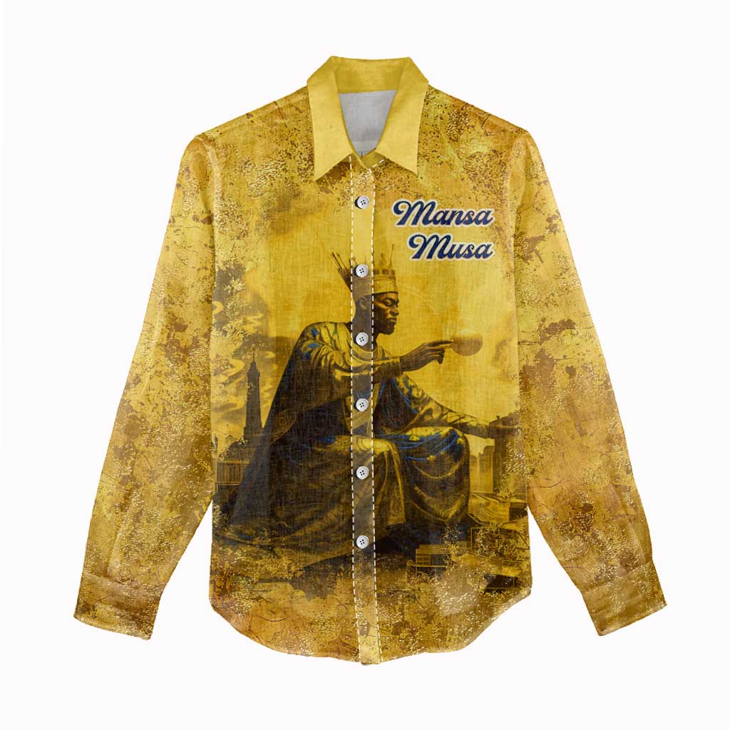 Mansa Musa Women Casual Shirt Golden Legacy Theme Ancient Map Regal Portrait of Mali Emperor Timbuktu - African Pride