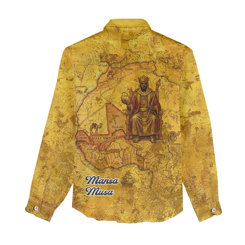 Mansa Musa Women Casual Shirt Golden Legacy Theme Ancient Map Regal Portrait of Mali Emperor Timbuktu - African Pride