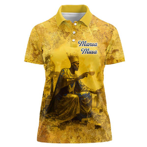 Mansa Musa Women Polo Shirt Golden Legacy Theme Ancient Map Regal Portrait of Mali Emperor Timbuktu - African Pride