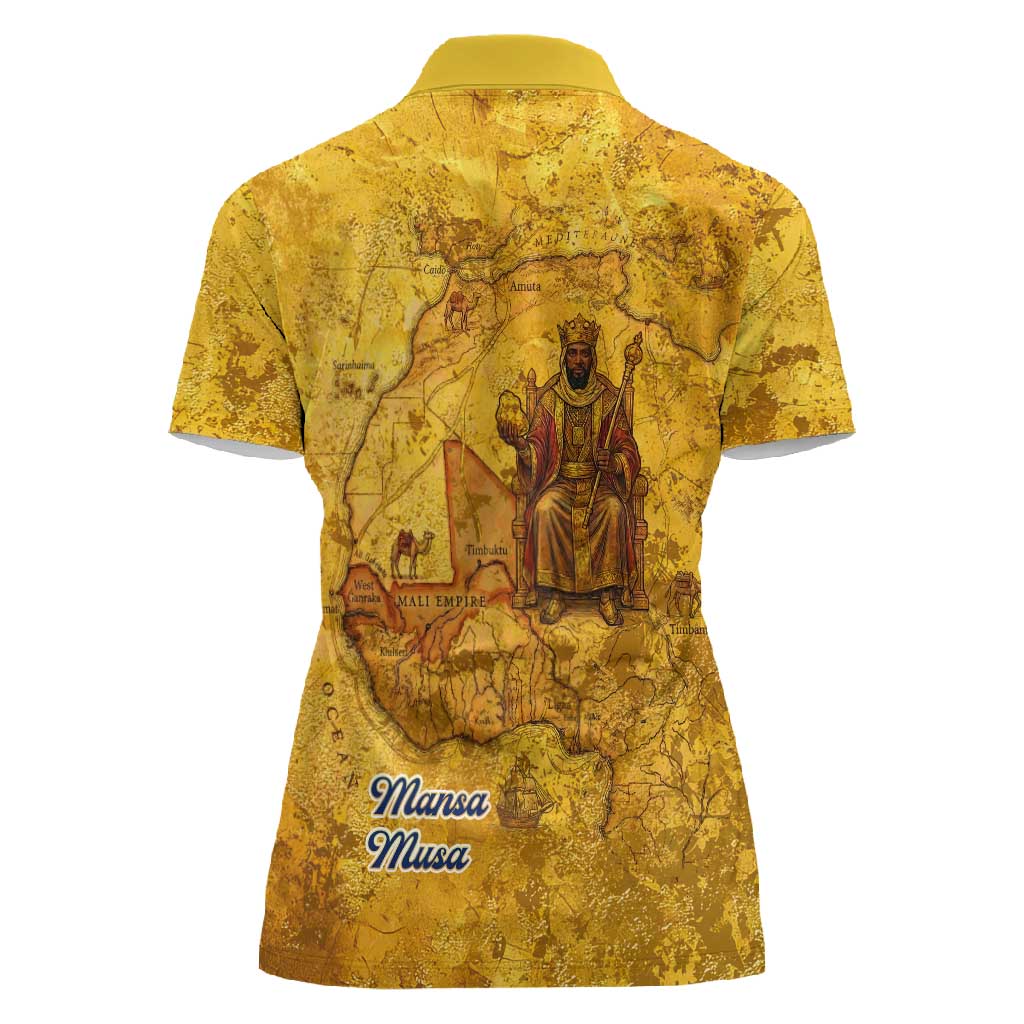 Mansa Musa Women Polo Shirt Golden Legacy Theme Ancient Map Regal Portrait of Mali Emperor Timbuktu - African Pride