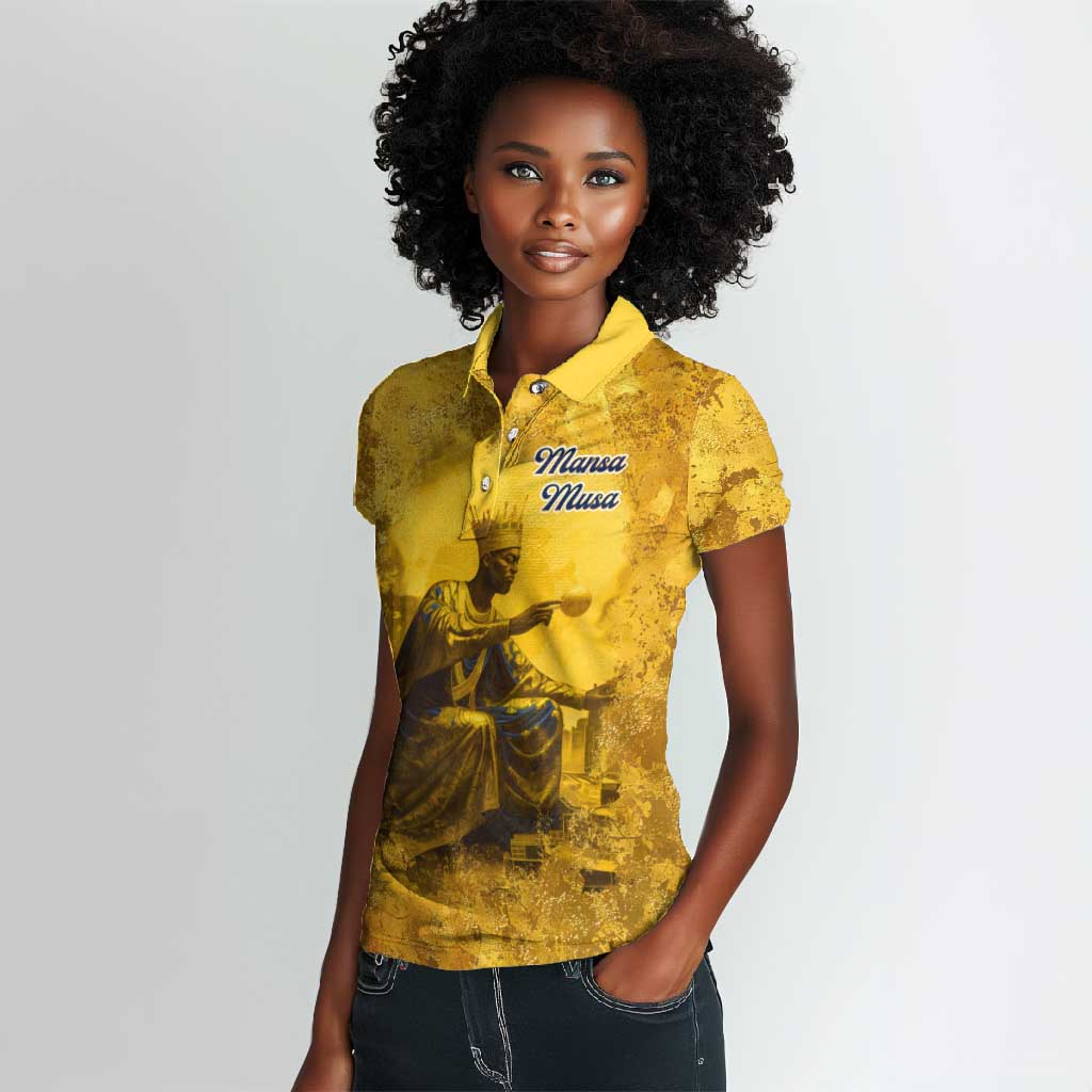 Mansa Musa Women Polo Shirt Golden Legacy Theme Ancient Map Regal Portrait of Mali Emperor Timbuktu - African Pride