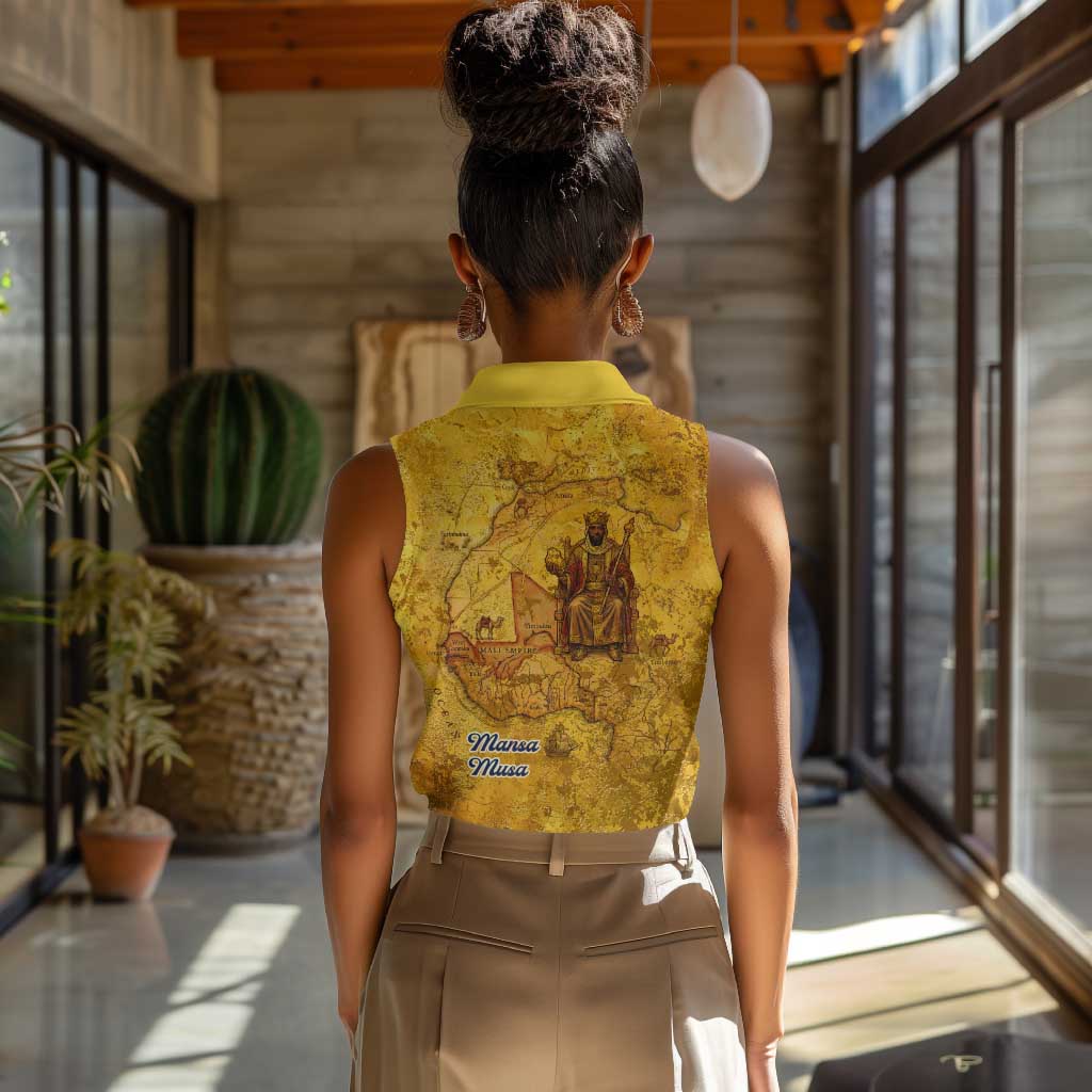 Mansa Musa Women Sleeveless Polo Shirt Golden Legacy Theme Ancient Map Regal Portrait of Mali Emperor Timbuktu - African Pride