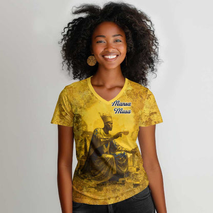 Mansa Musa Women V-Neck T-Shirt Golden Legacy Theme Ancient Map Regal Portrait of Mali Emperor Timbuktu - African Pride