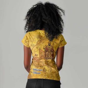 Mansa Musa Women V-Neck T-Shirt Golden Legacy Theme Ancient Map Regal Portrait of Mali Emperor Timbuktu - African Pride