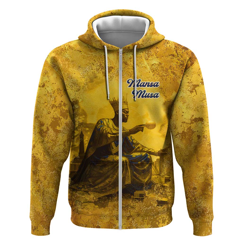 Mansa Musa Zip Hoodie Golden Legacy Theme Ancient Map Regal Portrait of Mali Emperor Timbuktu - African Pride