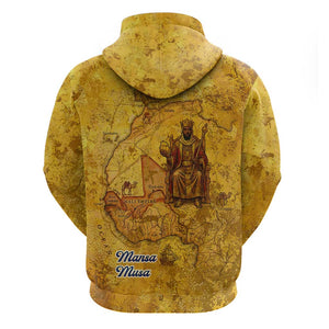 Mansa Musa Zip Hoodie Golden Legacy Theme Ancient Map Regal Portrait of Mali Emperor Timbuktu - African Pride