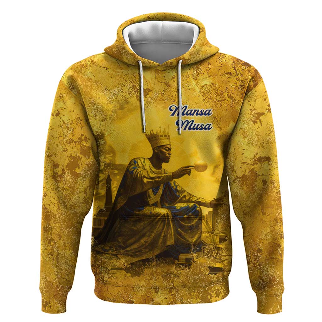 Mansa Musa Zip Hoodie Golden Legacy Theme Ancient Map Regal Portrait of Mali Emperor Timbuktu - African Pride