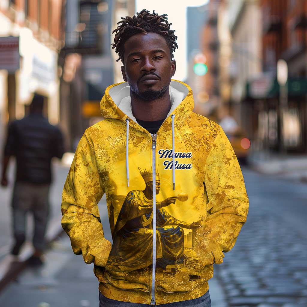 Mansa Musa Zip Hoodie Golden Legacy Theme Ancient Map Regal Portrait of Mali Emperor Timbuktu - African Pride