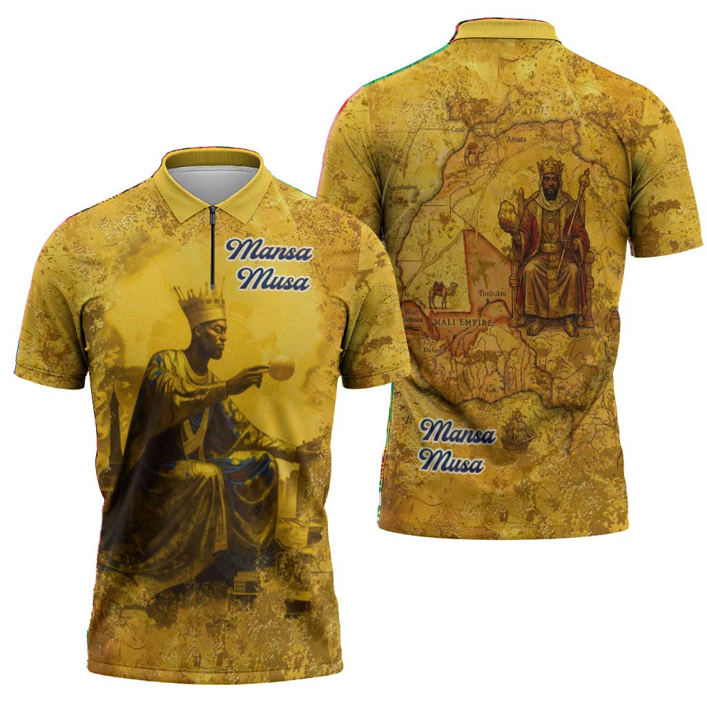 Mansa Musa Zipper Polo Shirt Golden Legacy Theme Ancient Map Regal Portrait of Mali Emperor Timbuktu - African Pride