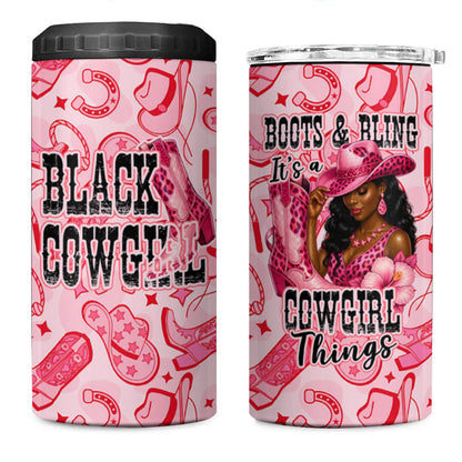 Black Cowgirl 4 in 1 Can Cooler Tumbler Boots And Bling - Pink Leopard Western Diva Melanin