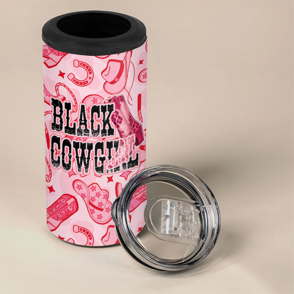 Black Cowgirl 4 in 1 Can Cooler Tumbler Boots And Bling - Pink Leopard Western Diva Melanin