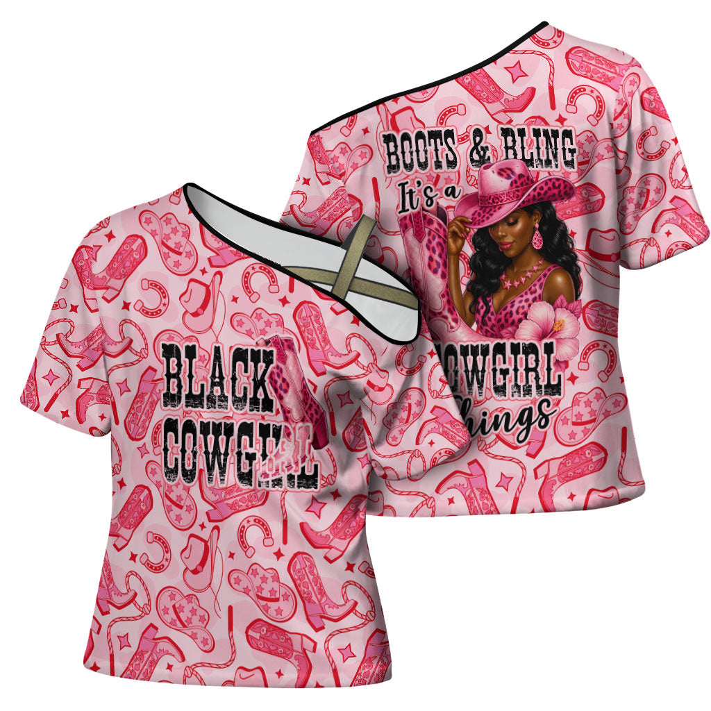 Black Cowgirl Cross Shoulder Shirt Boots And Bling - Pink Leopard Western Diva Melanin