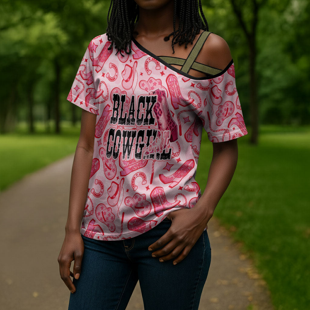 Black Cowgirl Cross Shoulder Shirt Boots And Bling - Pink Leopard Western Diva Melanin