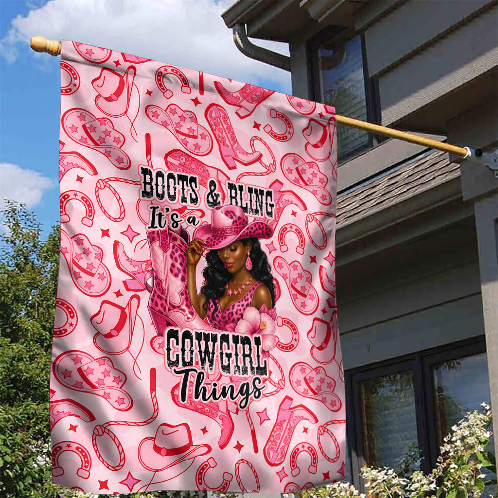 Black Cowgirl Garden Flag Boots And Bling - Pink Leopard Western Diva Melanin