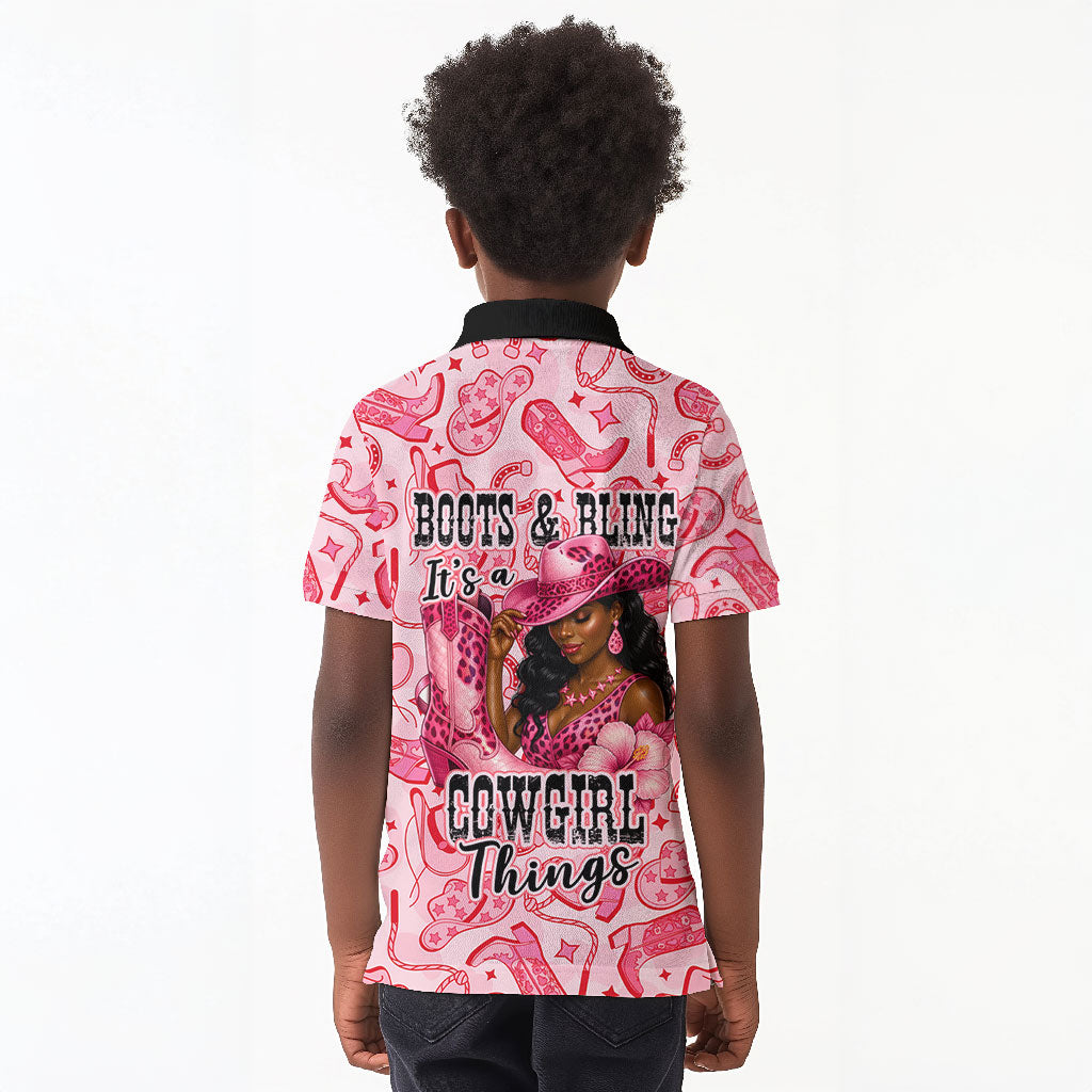 Black Cowgirl Kid Polo Shirt Boots And Bling - Pink Leopard Western Diva Melanin