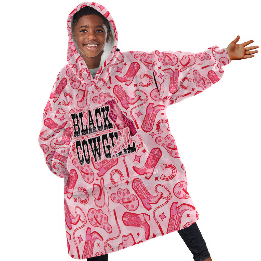 Black Cowgirl Kid Wearable Blanket Hoodie Boots And Bling - Pink Leopard Western Diva Melanin