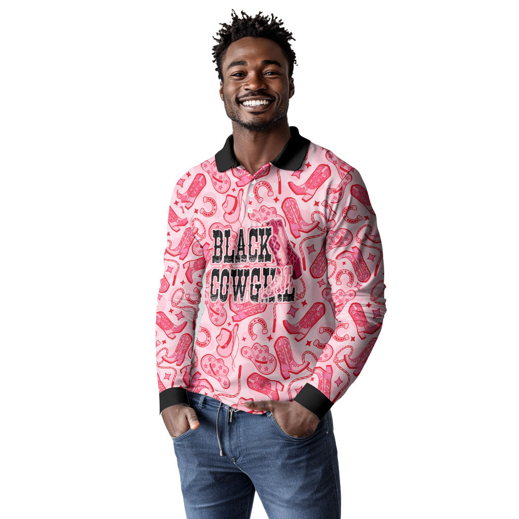 Black Cowgirl Long Sleeve Polo Shirt Boots And Bling - Pink Leopard Western Diva Melanin