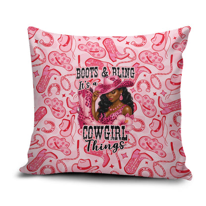Black Cowgirl Pillow Cover Boots And Bling - Pink Leopard Western Diva Melanin