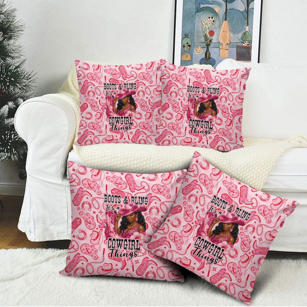 Black Cowgirl Pillow Cover Boots And Bling - Pink Leopard Western Diva Melanin