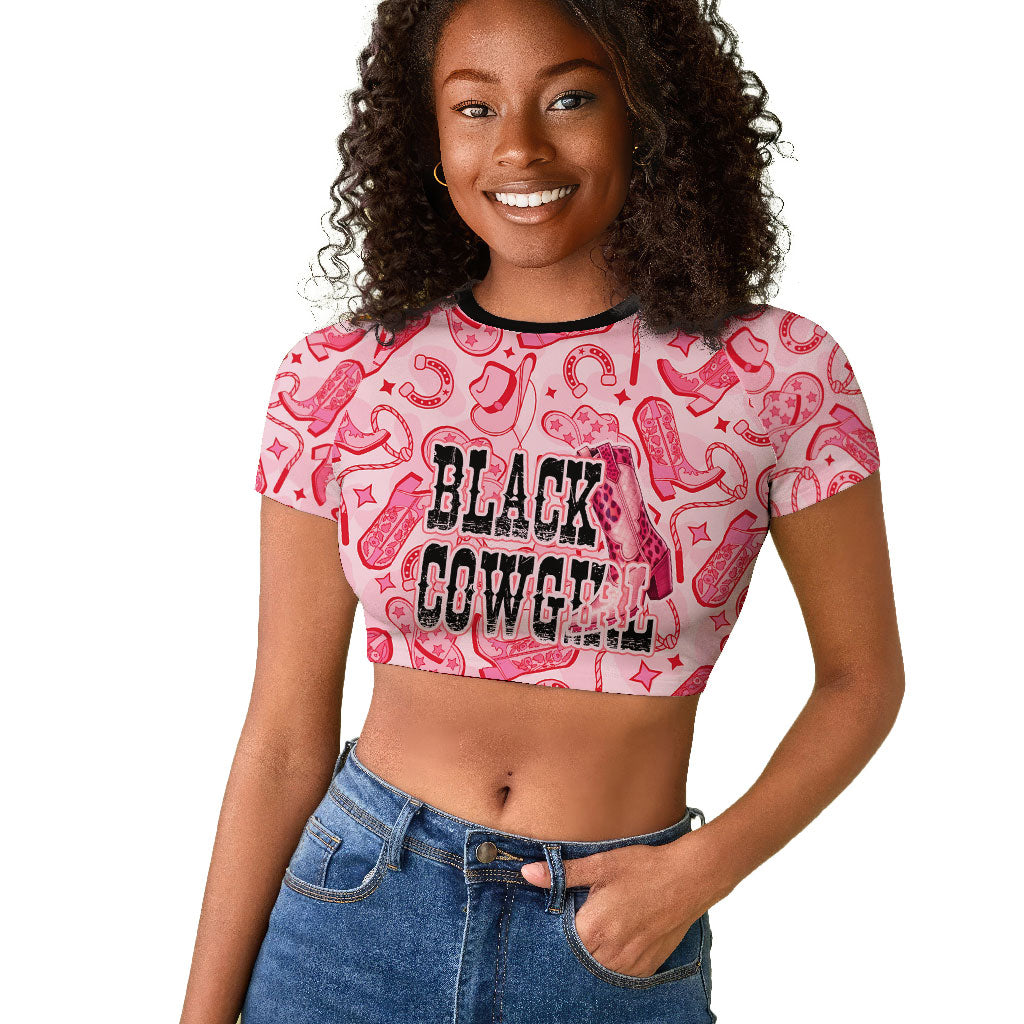 Black Cowgirl Raglan Cropped T shirt Boots And Bling - Pink Leopard Western Diva Melanin