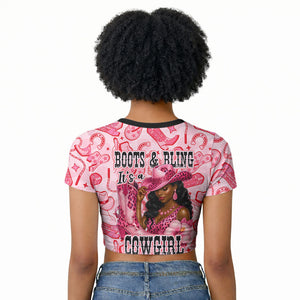 Black Cowgirl Raglan Cropped T shirt Boots And Bling - Pink Leopard Western Diva Melanin