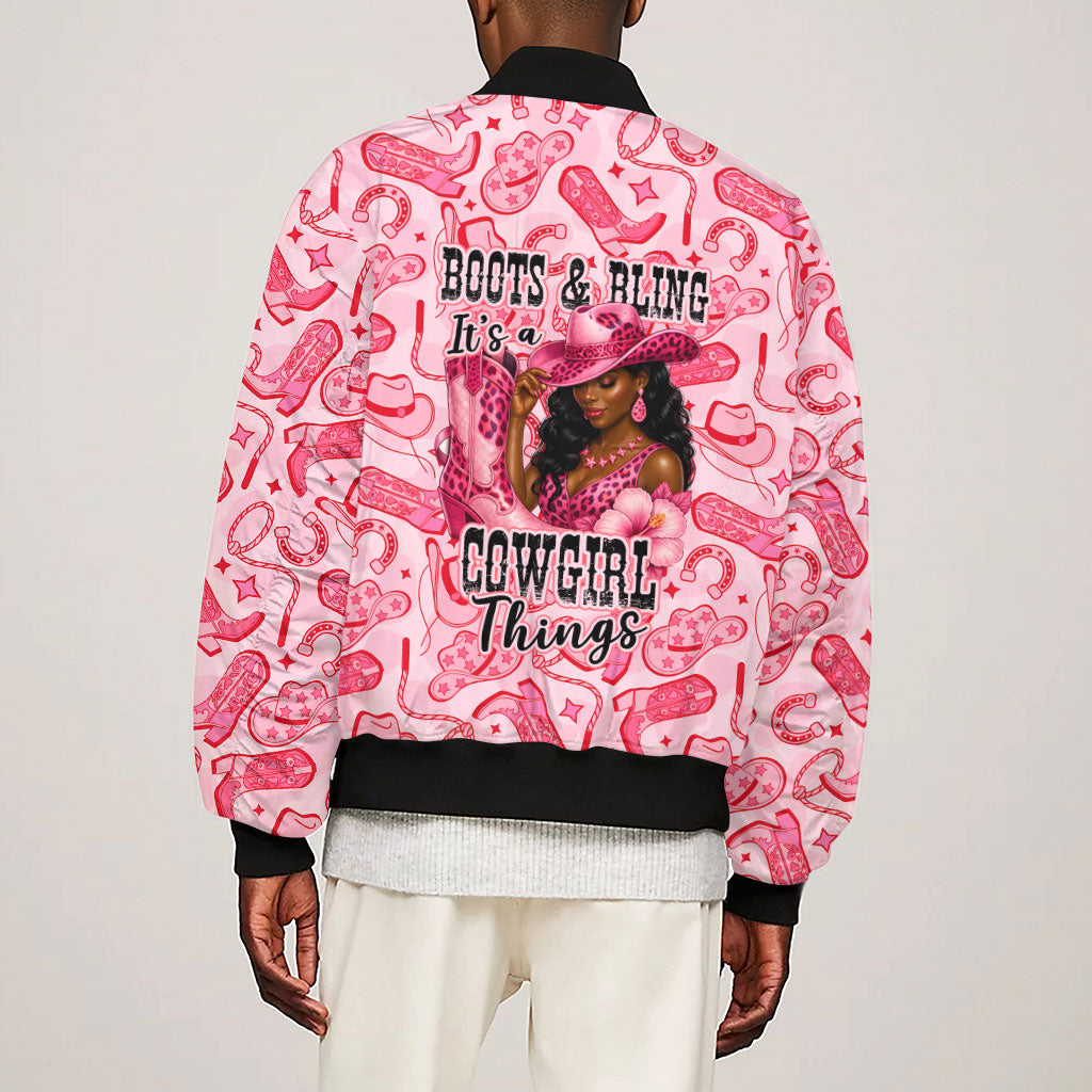 Black Cowgirl Sleeve Zip Bomber Jacket Boots And Bling - Pink Leopard Western Diva Melanin