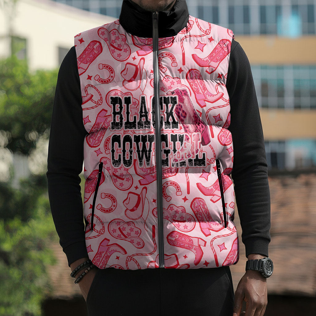 Black Cowgirl Sleeveless Puffer Jacket Boots And Bling - Pink Leopard Western Diva Melanin
