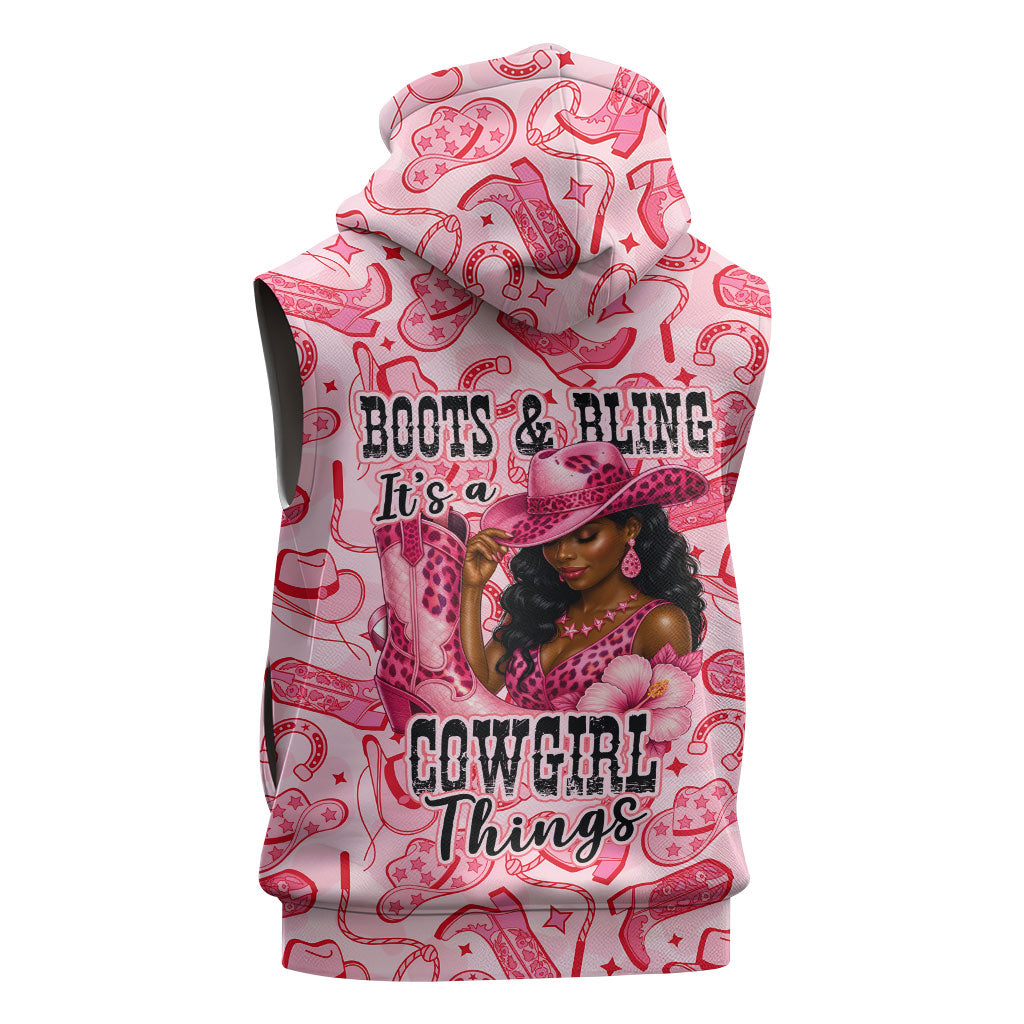 Black Cowgirl Sleeveless Zip Hoodie Boots And Bling - Pink Leopard Western Diva Melanin