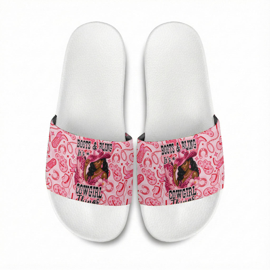 Black Cowgirl Slide Sandals Boots And Bling - Pink Leopard Western Diva Melanin