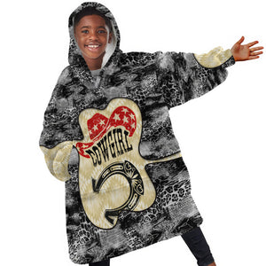 Black Cowgirl Lasso Horseshoe Kid Wearable Blanket Hoodie Vintage Retro Leopard Animal