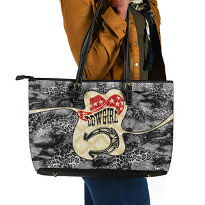 Black Cowgirl Lasso Horseshoe Leather Tote Bag Vintage Retro Leopard Animal