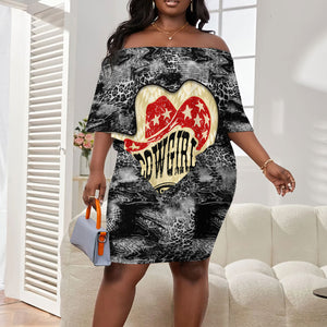 Black Cowgirl Lasso Horseshoe Off Shoulder Short Dress Vintage Retro Leopard Animal