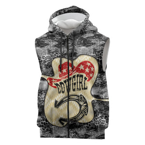 Black Cowgirl Lasso Horseshoe Sleeveless Zip Hoodie Vintage Retro Leopard Animal