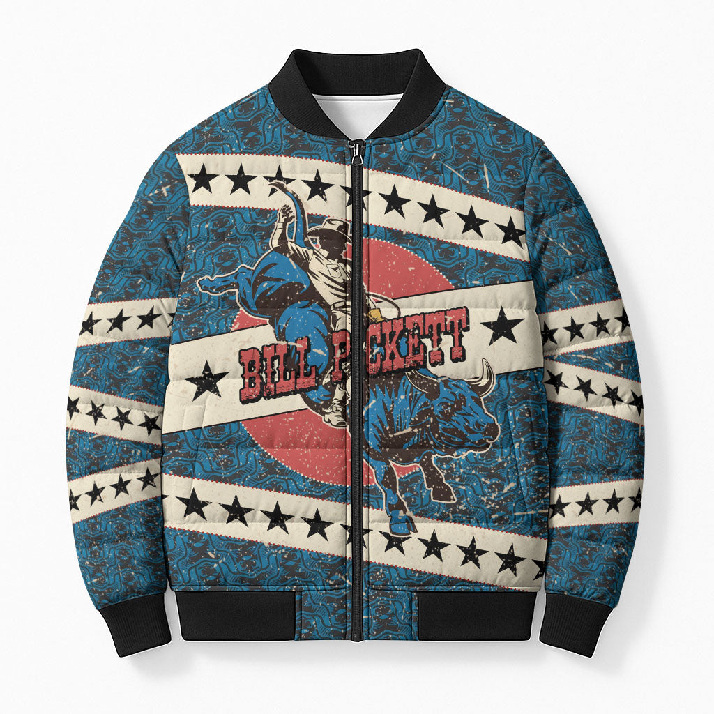 Bill Pickett Black Cowboy Bomber Puffer Jacket Western American Heritage - Grunge Stars And Stripes