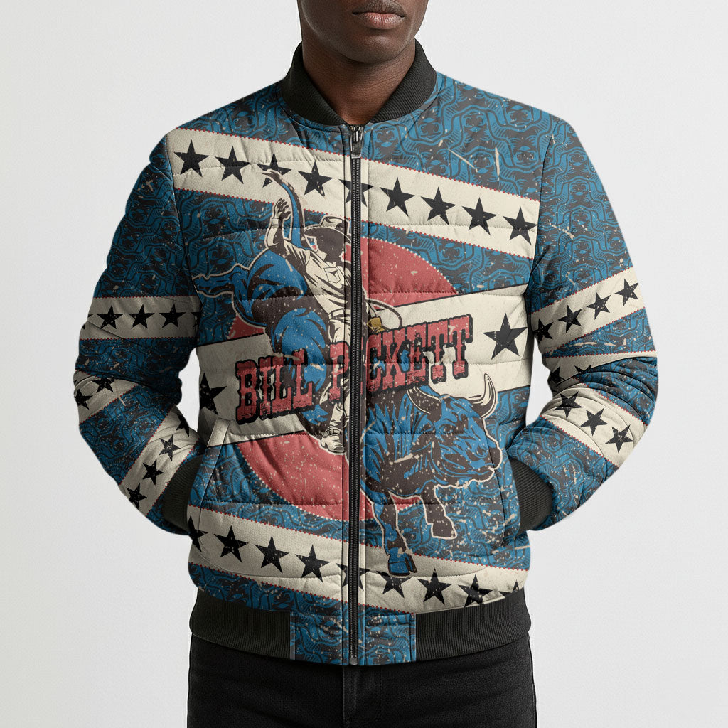 Bill Pickett Black Cowboy Bomber Puffer Jacket Western American Heritage - Grunge Stars And Stripes