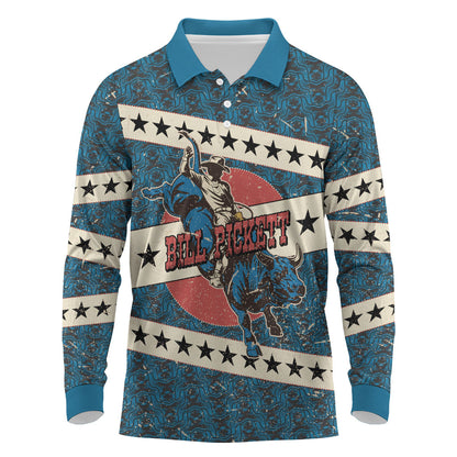 Bill Pickett Black Cowboy Long Sleeve Polo Shirt Western American Heritage - Grunge Stars And Stripes