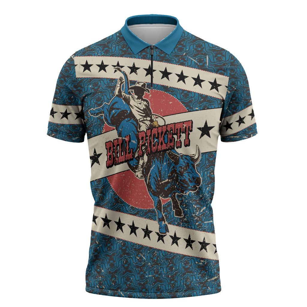 Bill Pickett Black Cowboy Zipper Polo Shirt Western American Heritage - Grunge Stars And Stripes