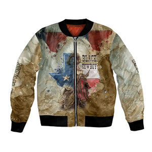 Bill Pickett Texas Flag Bomber Jacket Black Cowboy - Vintage Grunge Watercolor - Horseback Rider Heritage