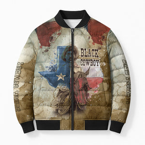 Bill Pickett Texas Flag Bomber Puffer Jacket Black Cowboy - Vintage Grunge Watercolor - Horseback Rider Heritage
