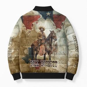 Bill Pickett Texas Flag Bomber Puffer Jacket Black Cowboy - Vintage Grunge Watercolor - Horseback Rider Heritage