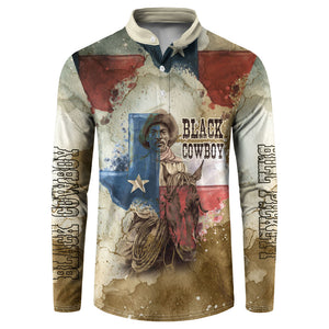 Bill Pickett Texas Flag Button Sweatshirt Black Cowboy - Vintage Grunge Watercolor - Horseback Rider Heritage