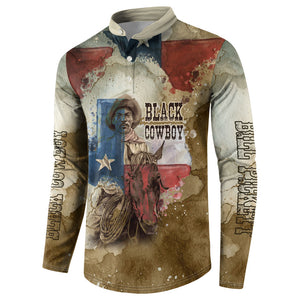 Bill Pickett Texas Flag Button Sweatshirt Black Cowboy - Vintage Grunge Watercolor - Horseback Rider Heritage