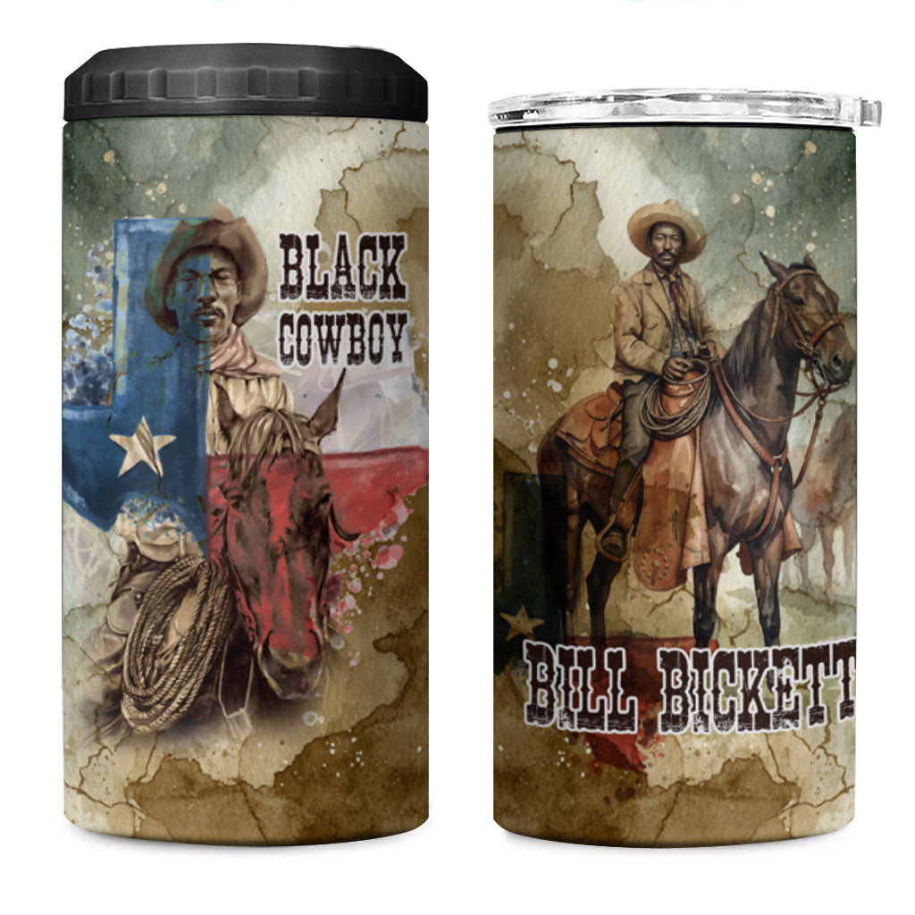 Bill Pickett Texas Flag 4 in 1 Can Cooler Tumbler Black Cowboy - Vintage Grunge Watercolor - Horseback Rider Heritage