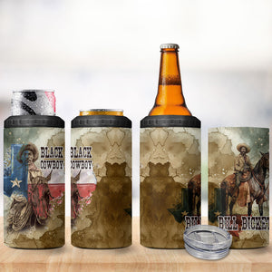 Bill Pickett Texas Flag 4 in 1 Can Cooler Tumbler Black Cowboy - Vintage Grunge Watercolor - Horseback Rider Heritage