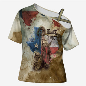 Bill Pickett Texas Flag Cross Shoulder Shirt Black Cowboy - Vintage Grunge Watercolor - Horseback Rider Heritage
