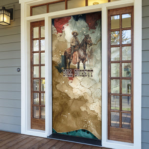Bill Pickett Texas Flag Door Cover Black Cowboy - Vintage Grunge Watercolor - Horseback Rider Heritage