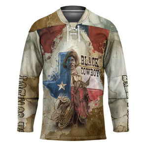 Bill Pickett Texas Flag Hockey Jersey Black Cowboy - Vintage Grunge Watercolor - Horseback Rider Heritage