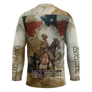 Bill Pickett Texas Flag Hockey Jersey Black Cowboy - Vintage Grunge Watercolor - Horseback Rider Heritage
