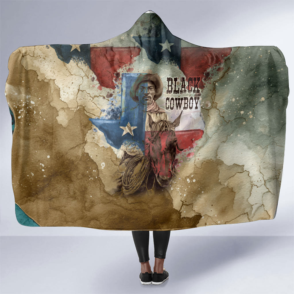 Bill Pickett Texas Flag Hooded Blanket Black Cowboy - Vintage Grunge Watercolor - Horseback Rider Heritage