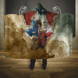 Bill Pickett Texas Flag Hooded Blanket Black Cowboy - Vintage Grunge Watercolor - Horseback Rider Heritage